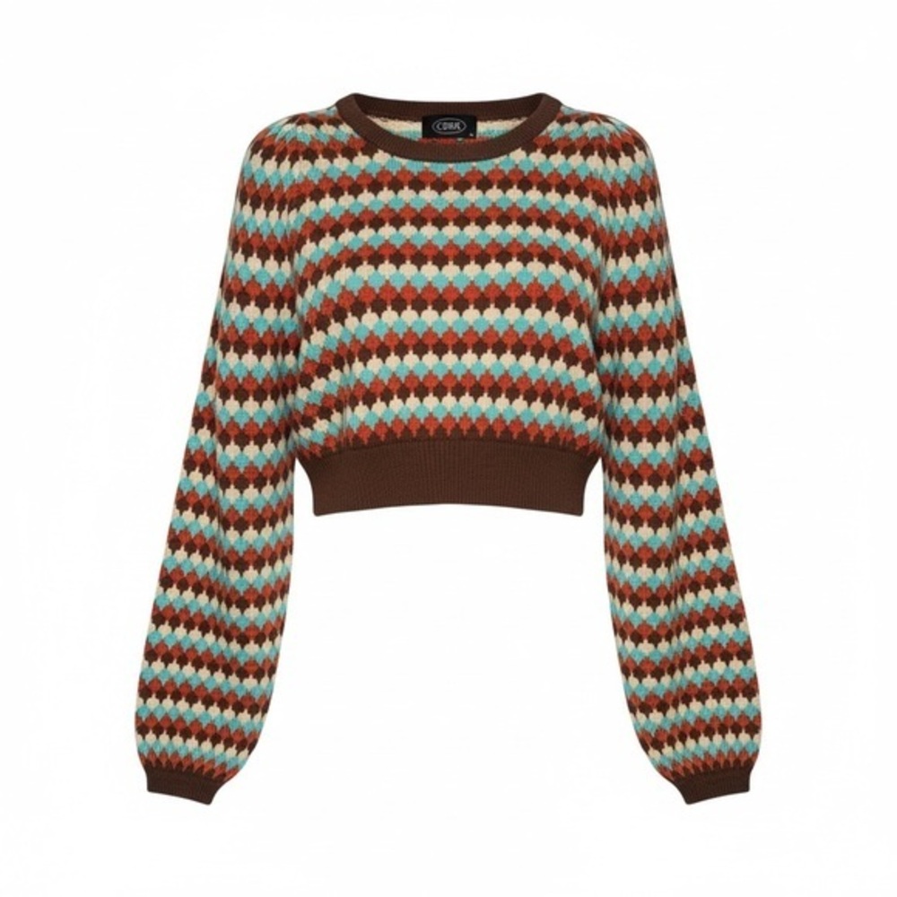 Cider Brown Teal Ivory Cropped Knit Sweater Size Medium Retro Academia